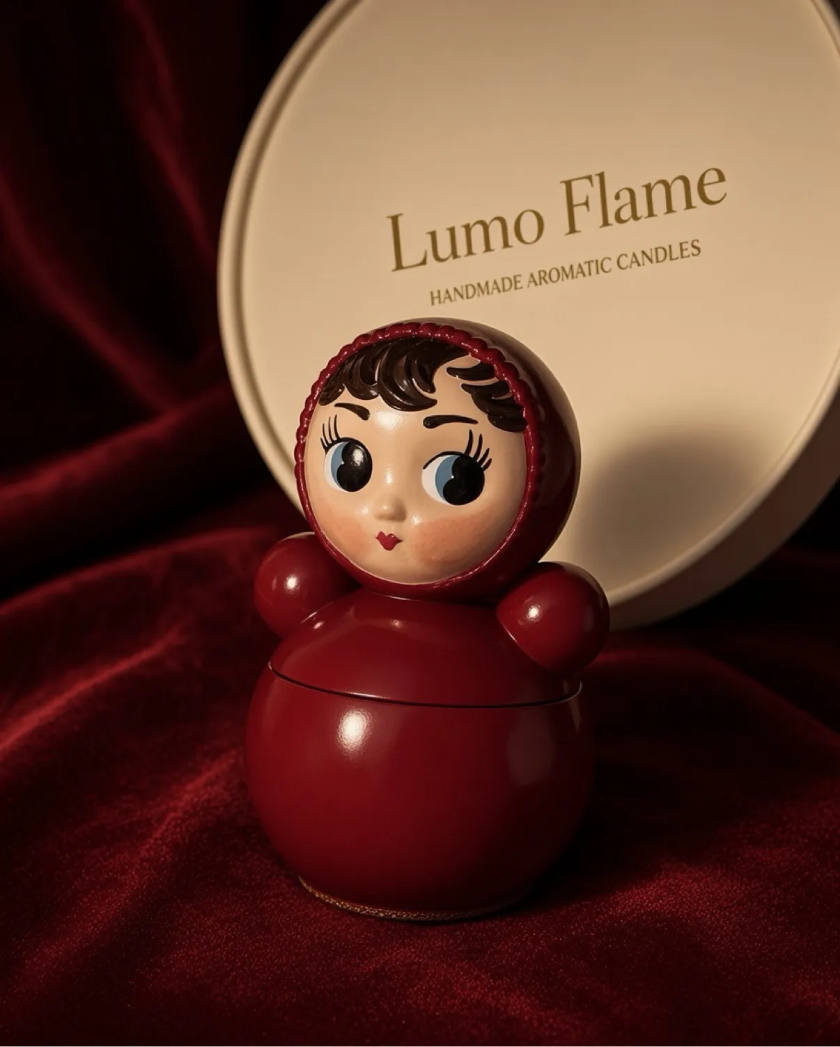 Закрытая неваляшка Lumo Flame на бордовом бархате рядом с круглой коробкой
